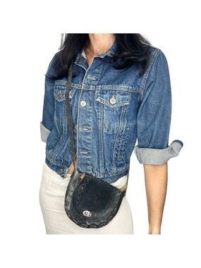 Boho western cowgirl tooled black leather mini crossbody flap bag